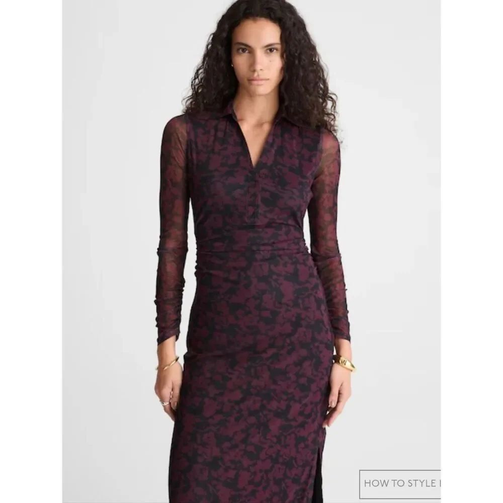 NWT Madewell Chandra Long-Sleeve Polo Midi Dress Deep aubergine Purple Floral L - Picture 11 of 15